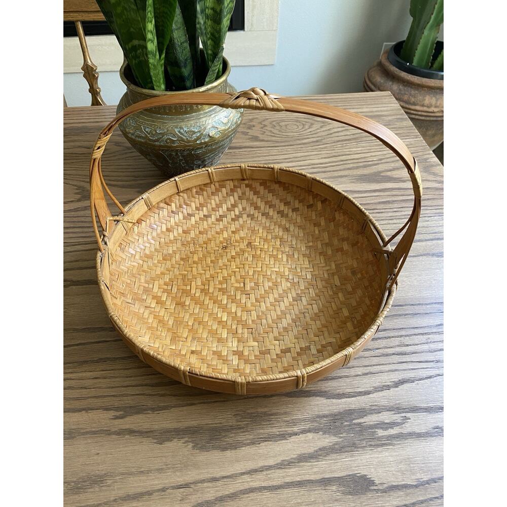 Vintage Chinese Bamboo Wicker Basket Shallow Round with Handle Gathering Basket